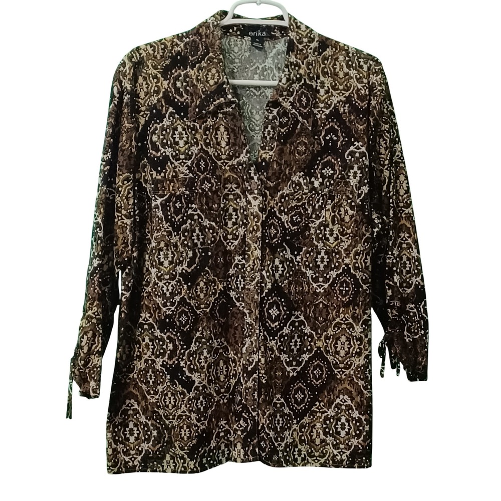 Erika Addison Womens XL Brown Paisley Medallion Button‎ Up Shirt Tie Sleeve Top